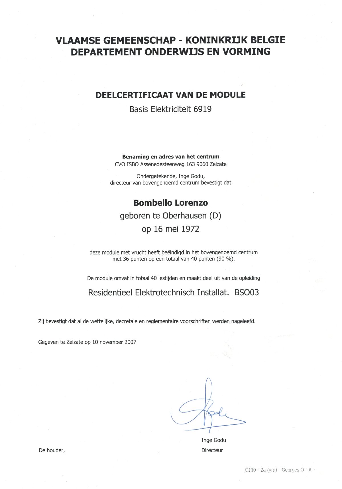 Deelcertificaat Basis Elektriciteit
