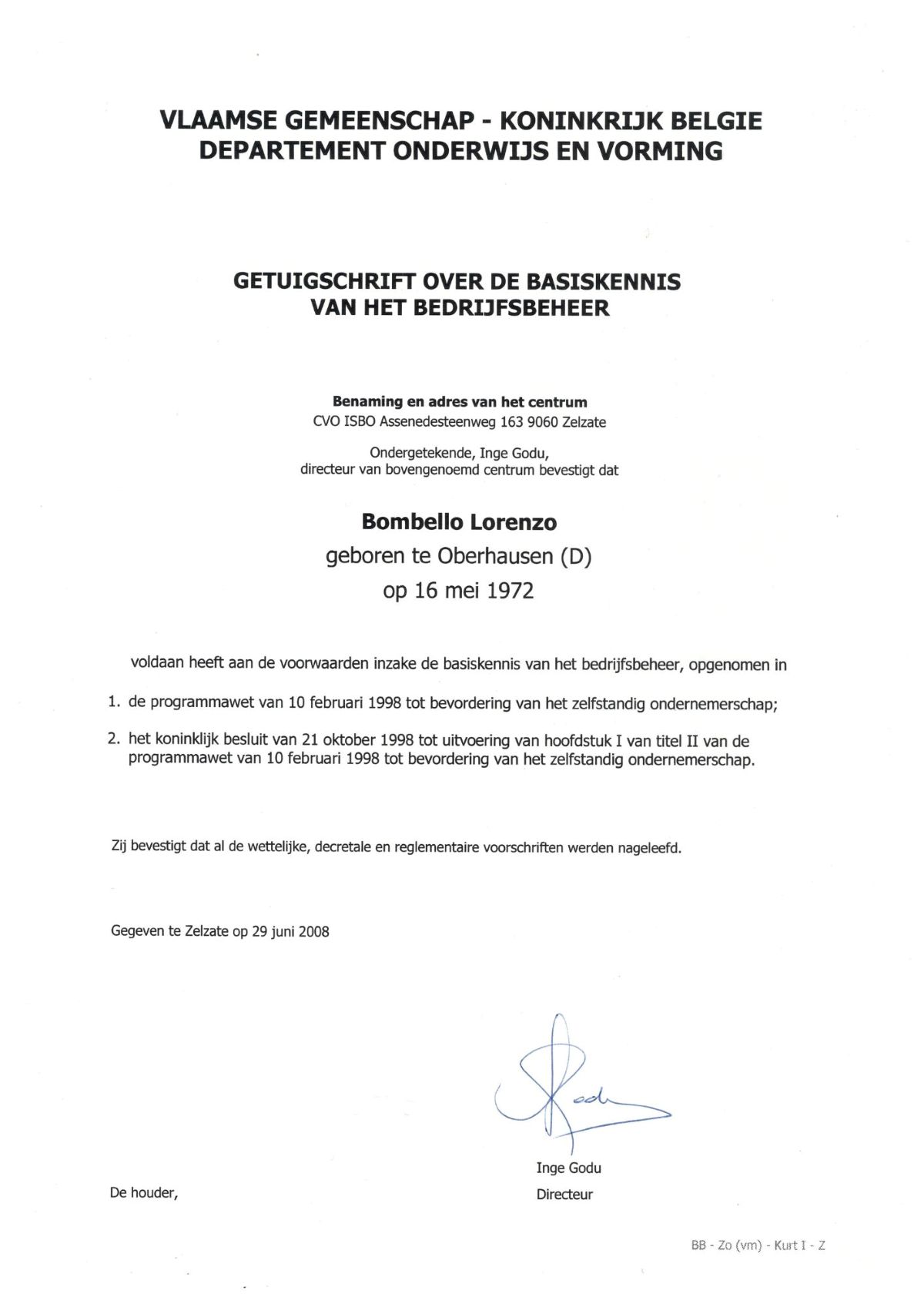 Getuigschrift Basiskennis Bedrijfsbeheer