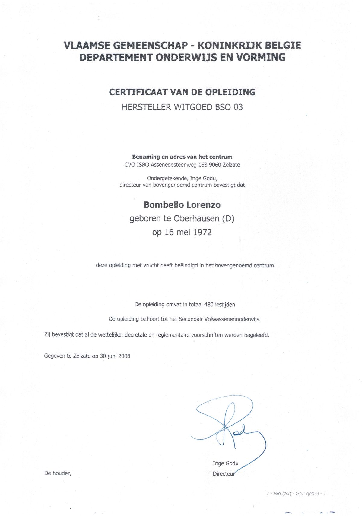 Certificaat Hersteller Witgoed