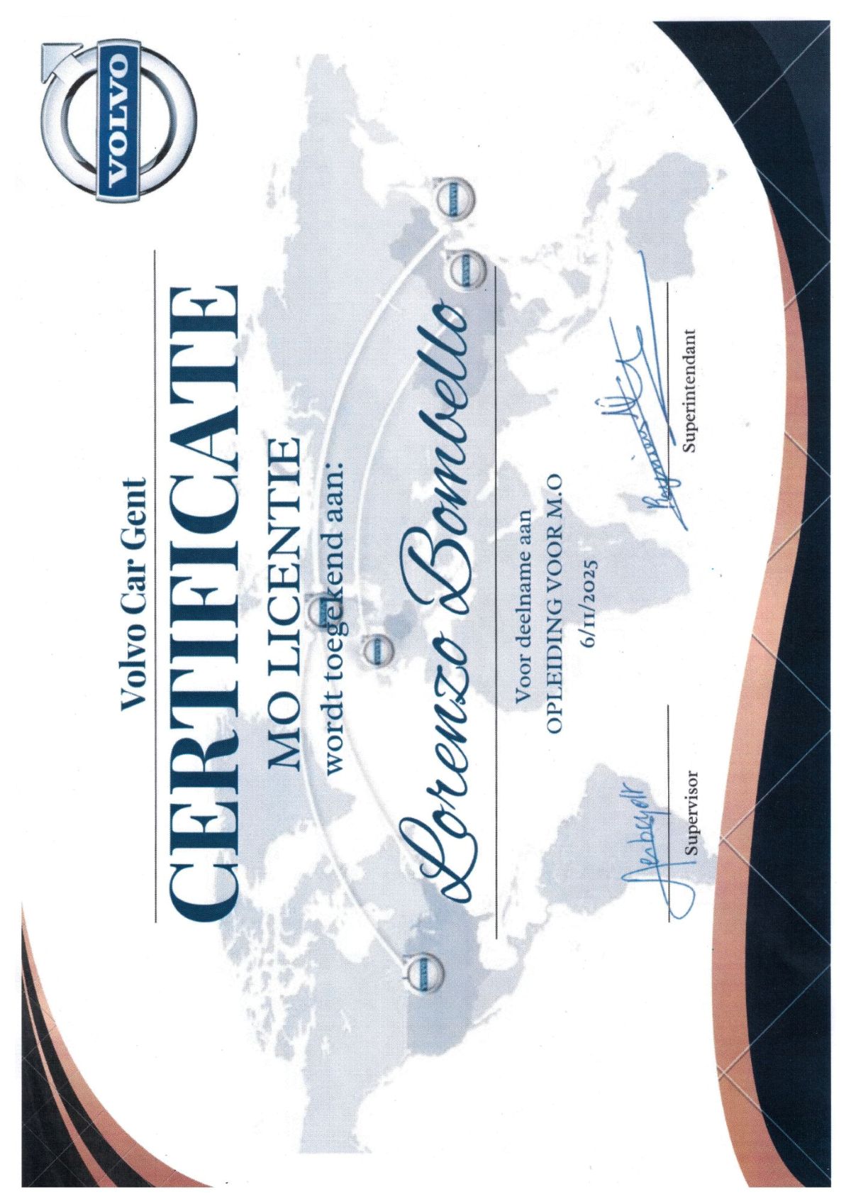 Certificaat Machine Operator Volvo Cars