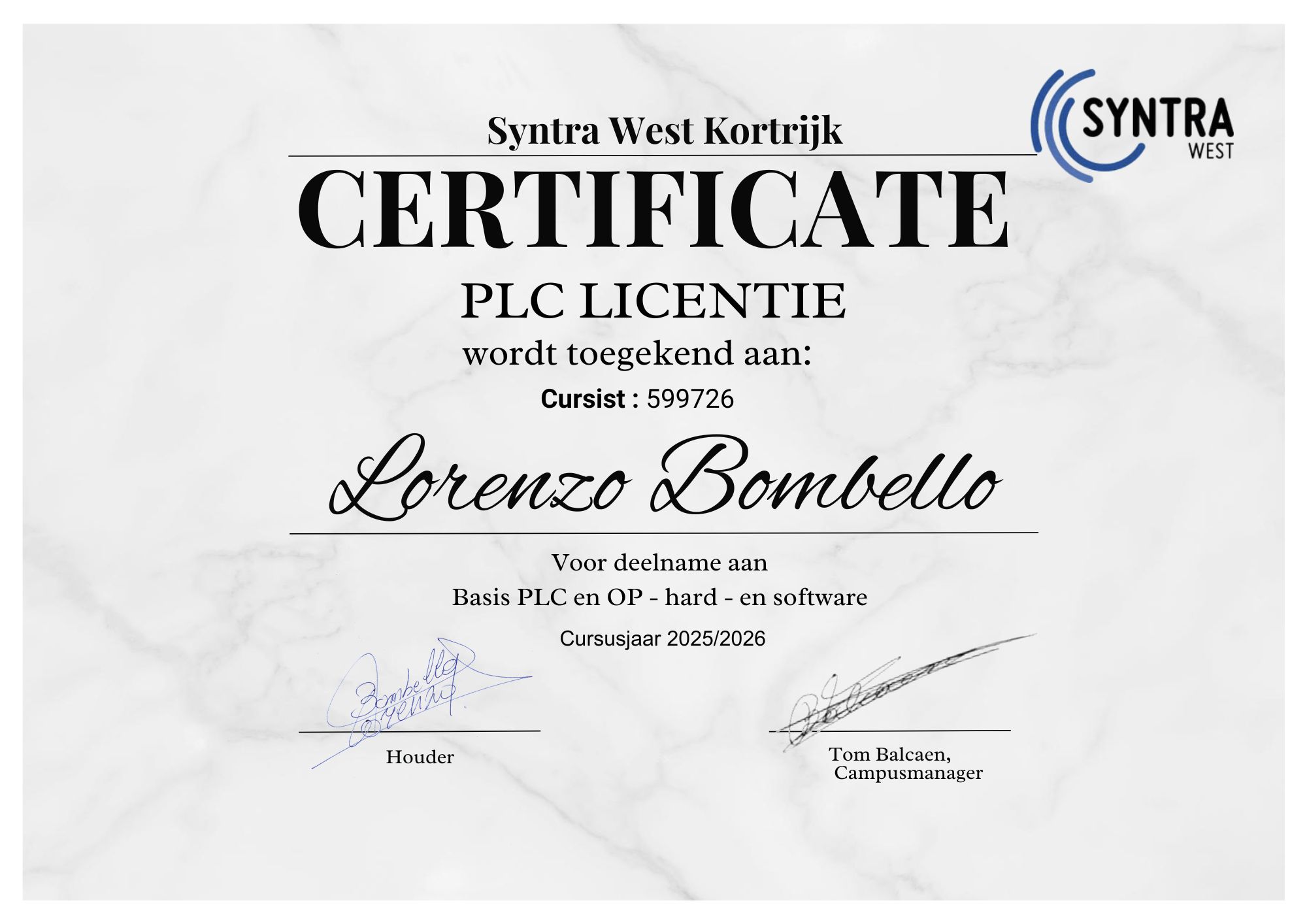 Certificaat Basis PLC en OP hard- en software