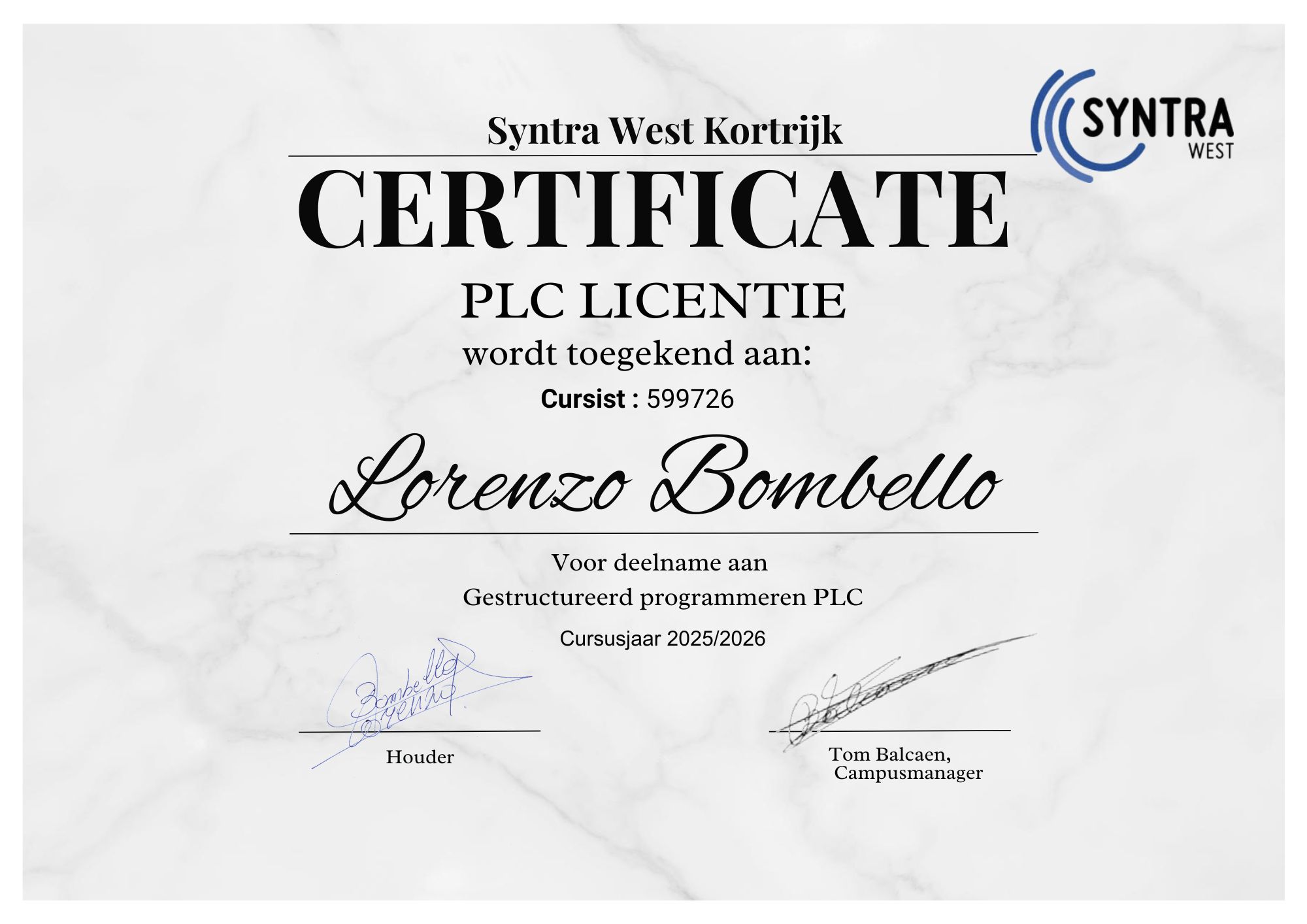 Certificaat Gestructureerd Programmeren PLC